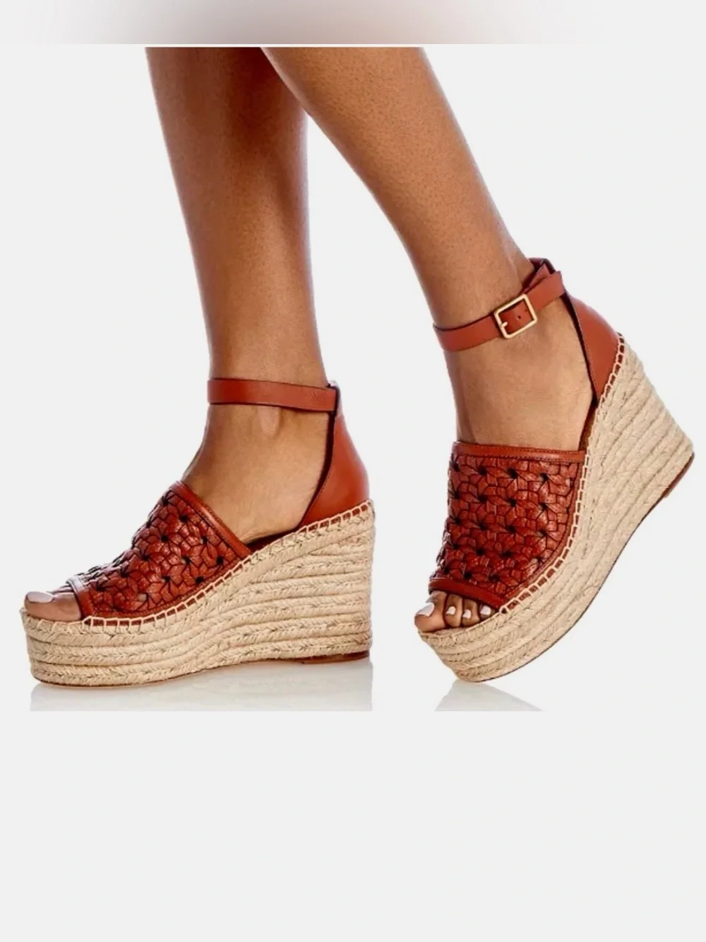 Tory Burch leather basket weave espadrille platform sandals, size 7